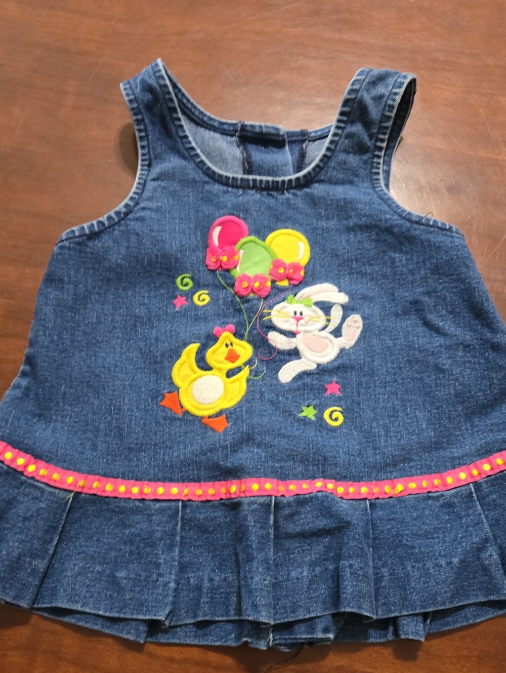 Vintage Denim Kids Skirted Jumper with Yellow Duck & Pink Balloon Embroidery